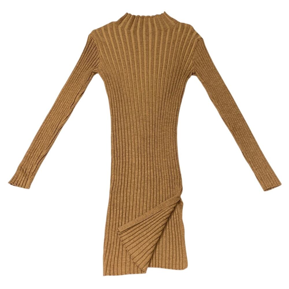 Womens Rib Knit Bodycon Medium High Neck Knee Length Brown Tan Long Sleeve Dress
